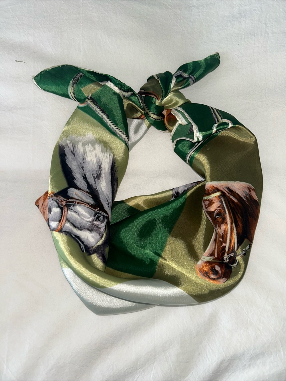 Horse Silk Scarf in Green White Brown Equestrian.

Beautiful condition